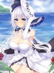  1girl anchor azur_lane bangs beach blue_eyes blush breasts choker cleavage day dress elbow_gloves error_dot eyebrows_visible_through_hair gloves hair_ornament hair_over_shoulder hand_on_headwear hat highres illustrious_(azur_lane) lace-trimmed_hat large_breasts long_hair looking_at_viewer low_twintails mole mole_under_eye ocean outdoors sitting smile solo strapless strapless_dress twintails white_dress white_gloves white_hair wind 