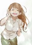  1girl :d blush breasts brown_hair closed_eyes collared_shirt commentary_request cowboy_shot crying eyebrows_visible_through_hair green_pants grey_shirt hair_tucking hand_up kawai_makoto large_breasts leaning_forward long_hair open_mouth original pants shirt sleeves_rolled_up smile solo standing tears wing_collar 