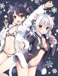  2girls :d ahoge animal_ears bangs bikini black_background black_coat black_ribbon blue_eyes blush breasts brown_eyes cat_ears cat_girl cat_tail cleavage coat collarbone commentary_request eyebrows_visible_through_hair fur-trimmed_coat fur-trimmed_sleeves fur_trim hair_between_eyes hair_ribbon heterochromia highres long_hair long_sleeves looking_at_viewer mauve medium_breasts multiple_girls navel open_clothes open_coat open_mouth original outstretched_arm polka_dot polka_dot_bikini pom_pom_(clothes) ribbon sidelocks silver_hair smile snowflakes star striped striped_bikini swimsuit tail twintails upper_teeth very_long_hair white_bikini white_coat white_ribbon yellow_eyes 