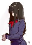  1girl bangs black_eyes black_hair blue_shirt blue_skirt closed_mouth commentary_request eyebrows_visible_through_hair from_side grey_background kawai_makoto long_hair long_sleeves looking_down neckerchief original own_hands_together pleated_skirt profile red_neckwear shirt signature sketch skirt solo upper_body 