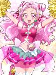  1girl :d armpits cowboy_shot cure_yell double_bun earrings flower hair_flower hair_ornament hair_ribbon hanzou highres hugtto!_precure jewelry layered_skirt long_hair looking_at_viewer magical_girl navel nono_hana open_mouth pink pink_background pink_eyes pink_hair pink_shirt pink_skirt pom_poms precure red_ribbon ribbon shirt skirt sleeveless sleeveless_shirt smile solo sparkle thigh-highs white_legwear yellow_background zettai_ryouiki 