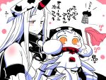  2girls arms_up blush_stickers character_print chibi claws cloth collar comic commentary_request detached_sleeves duster enemy_aircraft_(kantai_collection) horn horns kantai_collection kerchief lifting_person long_hair mittens mouth_hold multiple_girls no_shoes northern_ocean_hime orange_eyes red_eyes sako_(bosscoffee) seaport_hime shinkaisei-kan translation_request white_hair 