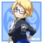  1girl ;) blonde_hair blue-framed_eyewear blue_eyes commentary english_commentary enta_girl falcoon highres jacket looking_back mascot neo_geo no_hat no_headwear official_art one_eye_closed semi-rimless_eyewear smile snk solo 