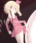  alternate_costume bare_shoulders blonde_hair commentary_request dress elbow_gloves flandre_scarlet gloves hair_ribbon inasa_orange looking_at_viewer looking_back pointy_ears red_dress red_eyes red_gloves red_ribbon ribbon short_dress side_ponytail standing touhou wings 