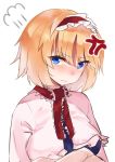  1girl alice_margatroid anger_vein asuzemu blonde_hair blue_eyes breasts capelet crossed_arms frilled_hairband hairband lolita_hairband looking_at_viewer medium_breasts red_hairband red_neckwear simple_background solo touhou upper_body white_background white_capelet 