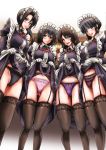 4girls absurdly_long_hair alternate_costume apron arekishi_raiho ascot ashigara_(kantai_collection) black_hair black_legwear breasts brooch brown_eyes brown_hair dress enmaided fangs frills garter_straps gloves haguro_(kantai_collection) hair_bun highres jewelry kantai_collection lifted_by_self long_hair long_sleeves maid maid_apron maid_headdress multiple_girls myoukou_(kantai_collection) nachi_(kantai_collection) open_mouth short_hair side_ponytail skirt skirt_lift smile thigh-highs very_long_hair wavy_hair white_gloves 