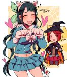  2girls :d animal_ears bangs bell bell_choker black_cape black_hair black_hat black_jacket black_pants black_ribbon blue_shirt blue_skirt blush bow breasts buttons cape cat_paws cat_tail chabashira_tenko character_name choker closed_eyes dangan_ronpa eyebrows_visible_through_hair facing_viewer fake_animal_ears gloves hair_bow hairband hat highres huyandere jacket kemonomimi_mode layered_skirt long_hair long_sleeves looking_at_viewer medium_breasts midriff multicolored multicolored_cape multicolored_clothes multiple_girls navel neck_ribbon new_dangan_ronpa_v3 open_eyes open_mouth orange_cape pants paw_gloves paw_pose paws pink_choker pink_eyes pleated_skirt red_skirt redhead ribbon round_teeth school_uniform serafuku shirt short_hair silk skirt smile spider_web standing suit_jacket tail tail_bell teeth twintails two-tone_cape very_long_hair white_bow white_gloves white_hairband white_sailor_collar white_tail witch_hat yumeno_himiko 