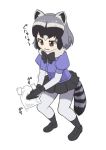  1girl animal_ears bag black_bow black_gloves black_hair black_neckwear bow bowtie brown_eyes common_raccoon_(kemono_friends) fur_collar gloves grey_hair kemono_friends multicolored_hair official_style pantyhose plastic_bag puffy_short_sleeves puffy_sleeves purple_shirt raccoon_ears raccoon_tail shirt short_hair short_sleeves silver_hair silver_legwear simple_background solo tail tatsuki_(irodori)_(style) white_background 