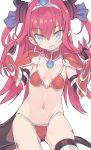  1girl :d armor bangs bikini bikini_armor black_gloves black_legwear blade_(galaxist) blue_eyes blue_ribbon blush breasts choker commentary_request curled_horns dragon_horns dragon_tail earrings elbow_gloves elizabeth_bathory_(brave)_(fate) elizabeth_bathory_(fate)_(all) eyebrows_visible_through_hair fang fate/grand_order fate_(series) gloves hair_between_eyes hair_ribbon head_tilt holding holding_hair horns jewelry long_hair looking_at_viewer navel open_mouth oversized_clothes pauldrons pink_hair pointy_ears red_bikini red_choker ribbon simple_background small_breasts smile solo string_bikini swimsuit tail thigh-highs tiara two_side_up v-shaped_eyebrows vambraces very_long_hair white_background 