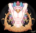  1boy abs absurdres artist_name black_background blonde_hair blue_hair doubutsu_no_mori drill_hair facial_tattoo flower gem green_eyes green_hair hat heart highres horns jupetti_(doubutsu_no_mori) leaf long_hair male_focus multicolored_hair muscle navel nipples nozochi_3000 personification pink_hair rose scarf sheep_horns shirtless solo tattoo upper_body 