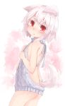  1girl absurdres animal_ears ass backless_outfit bare_arms bare_back bare_shoulders drawstring dress eyebrows_visible_through_hair from_behind grey_sweater highres inubashiri_momiji kibisake looking_at_viewer meme_attire naked_sweater open-back_dress pink_background red_eyes solo sweater sweater_dress tail thick_eyebrows touhou turtleneck turtleneck_sweater virgin_killer_sweater white_background white_hair wolf_ears wolf_tail 