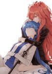  2girls akuma_no_riddle alternate_hairstyle azuma_tokaku bandage blue_eyes blue_hair formal head_hug hug hug_from_behind ichinose_haru katana long_hair looking_at_another lying_on_person minakata_sunao multiple_girls necktie older red_eyes redhead sitting smile suit sword tagme weapon yuri 