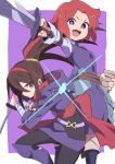  2girls :d bandage bandaged_arm black_legwear blouse blue_eyes boots brown_hair character_request commentary_request dual_wielding hair_over_one_eye highres holding holding_dagger holding_weapon hood hood_down knee_boots little_witch_academia long_hair long_sleeves looking_at_viewer magic multiple_girls obi one_eye_covered open_mouth pantyhose ponytail purple_background purple_footwear purple_skirt purple_vest redhead reverse_grip robe sash scabbard sheath short_hair simple_background skirt smile standing standing_on_one_leg tama v-shaped_eyebrows vest violet_eyes wand weapon wide-eyed 
