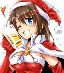  1girl alcohol beer beer_mug blue_eyes breasts brown_hair cape cleavage dasuto dated dress elbow_gloves eyebrows_visible_through_hair gloves grin hair_ornament hat heart highres holding long_hair looking_at_viewer lyrical_nanoha medium_breasts one_eye_closed portrait red_cape red_dress red_gloves red_hat santa_costume santa_hat smile solo star strapless strapless_dress twitter_username vivid_strike! x_hair_ornament yagami_hayate 