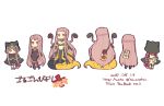  3girls amato_nagi bag_of_chips blush braid breasts chibi cleavage commentary_request dated doll fate/grand_order fate_(series) from_behind gorgon_(fate) hood lamia large_breasts long_braid long_hair medusa_(lancer)_(fate) monster_girl mouth_hold multiple_girls multiple_persona multiple_views paper pegasus purple_hair rider sample single_braid snake_hair tape translation_request very_long_hair violet_eyes white_background 