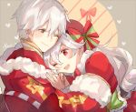  christmas christmas_ornaments female_my_unit_(fire_emblem_if) fire_emblem fire_emblem:_kakusei fire_emblem_if hand_holding hug long_hair looking_at_viewer male_my_unit_(fire_emblem:_kakusei) my_unit_(fire_emblem:_kakusei) my_unit_(fire_emblem_if) one_eye_closed red_eyes santa_costume short_hair smile white_hair yellow_eyes 