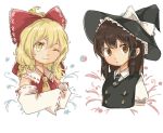  2girls :o ;) blonde_hair blouse bow braid breasts brown_eyes brown_hair buttons collared_shirt cosplay costume_switch detached_sleeves frilled_shirt_collar frills hair_bow hair_ribbon hair_tubes hakurei_reimu half_updo hat kirisame_marisa large_bow long_sleeves looking_at_viewer medium_hair messy_hair mini_necktie multiple_girls necktie one_eye_closed ovo puffy_short_sleeves puffy_sleeves ribbon ribbon-trimmed_sleeves ribbon_trim shirt short_sleeves side_braid single_braid small_breasts smile star straight_hair touhou vest wavy_hair wide_sleeves witch_hat yellow_eyes yin_yang 