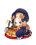 1girl :q abigail_williams_(fate/grand_order) bacon bangs black_bow black_dress black_hat blonde_hair blue_eyes blush bow butterfly chibi closed_mouth commentary_request dress fate/grand_order fate_(series) food forehead fork hair_bow hat holding holding_fork ketchup long_sleeves looking_away orange_bow pancake parted_bangs plate polka_dot polka_dot_bow simple_background sleeves_past_wrists smile solo stack_of_pancakes stuffed_animal stuffed_toy teddy_bear tongue tongue_out white_background yuu_(higashi_no_penguin) 