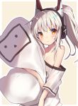  1girl :o animal_ears ayanami_(kantai_collection) azur_lane bare_shoulders blush collarbone commentary_request headphones high_ponytail highres light_brown_hair long_hair looking_at_viewer niconico off-shoulder_shirt orange_eyes parted_lips pillow pillow_hug ponytail shirt short_sleeves solo terebi-chan usamata white_shirt 