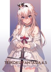  1girl :d black_hairband blonde_hair blue_eyes blush breasts cleavage cowboy_shot crown dress eyebrows_visible_through_hair flower hair_between_eyes hairband holding holding_sword holding_weapon jewelry kantai_collection long_hair long_sleeves looking_at_viewer multicolored multicolored_background multiple_girls necklace off-shoulder_dress off_shoulder open_mouth red_ribbon red_rose ribbon rose shiny shiny_hair smile solo soukou_makura standing sword waist_cape warspite_(kantai_collection) weapon white_dress 