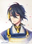  1boy absurdres black_hair blue_eyes blush cherry_blossoms dated eyebrows highres looking_away luode_huayuan mikazuki_munechika parted_lips short_hair smile solo teeth touken_ranbu 