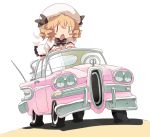  1girl bangs black_neckwear blush_stickers bow bowtie car detached_wings dress drill_hair eyebrows_visible_through_hair flan_(harry_mackenzie) flat_tire ground_vehicle hair_between_eyes hat long_hair long_sleeves luna_child motor_vehicle on_vehicle open_mouth solo touhou vehicle_request white_background white_dress white_hat wings |_| 