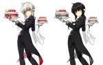  2girls alternate_hair_color april_fools black_hair black_pants black_suit butler cake cowboy_shot dual_persona elsword eve_(elsword) expressionless food forehead_jewel formal fruit gloves highres holding long_hair looking_at_viewer multiple_girls official_art pants plate ponytail ress reverse_trap strawberry striped suit towel vertical_stripes white_gloves white_hair yellow_eyes 