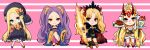  4girls abigail_williams_(fate/grand_order) black_legwear blonde_hair blue_eyes blush boned_meat cape chibi chinese_clothes crown dress earrings ereshkigal_(fate/grand_order) fang_out fate/grand_order fate_(series) food hat hizuki_mai holding holding_weapon horns ibaraki_douji_(fate/grand_order) japanese_clothes jewelry kimono legs_crossed long_hair looking_at_viewer meat multiple_girls oni parfait plate purple_hair single_thighhigh sleeves_past_wrists smile tattoo thigh-highs two_side_up very_long_hair violet_eyes weapon wu_zetian_(fate/grand_order) yellow_eyes 