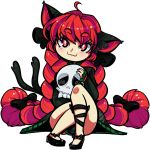  1girl :3 ahoge animal_ears bangs black_bow black_footwear black_nails bow cat_ears cat_tail doshmobile dress eyebrows_visible_through_hair green_dress hair_bow holding kaenbyou_rin knee_up long_hair looking_at_viewer nail_polish red_eyes redhead shoes simple_background sitting skull smile solo tail thick_eyebrows touhou very_long_hair white_background 