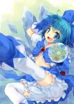  1girl absurdres adapted_costume bloomers blue_eyes blue_hair bow cirno commentary frog gloves hair_bow highres ice leg_warmers magical_girl redcomet revision salute short_hair solo thigh-highs touhou underwear wand white_legwear wings 