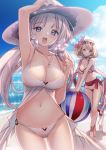  2girls :d azur_lane ball beach beachball bikini blonde_hair blue_sky breasts cleavage clouds commentary_request day eyewear_on_head flower hair_flower hair_ornament hand_on_headwear hat illustrious_(azur_lane) long_hair looking_at_viewer medium_breasts multiple_girls navel ocean open_mouth pink_eyes prince_of_wales_(azur_lane) short_hair silver_hair sky smile standing sunglasses swimsuit tsukigami_runa twintails violet_eyes white_bikini white_hat 
