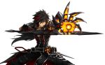  1boy belt black_coat black_gloves black_hair black_pants buckle claws closed_mouth cowboy_shot elsword expressionless fighting_stance gloves highres holding holding_sword holding_weapon hwansang jewelry long_hair male_focus mechanical_arm multicolored_hair necklace official_art orange_eyes outstretched_hand pants raven_(elsword) redhead solo streaked_hair sword two-tone_hair veteran_commander_(elsword) weapon 