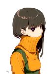  1girl bangs closed_mouth commentary_request enpera from_side kawai_makoto long_hair long_neck long_sleeves looking_at_viewer looking_to_the_side orange_sweater original overalls scarf signature slit_pupils solo sweater turtleneck upper_body violet_eyes 