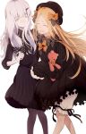  2girls :d abigail_williams_(fate/grand_order) bangs black_bow black_dress black_hat blonde_hair bloomers bow butterfly closed_eyes closed_mouth commentary_request dress fate/grand_order fate_(series) hair_bow hat highres horn lavinia_whateley_(fate/grand_order) long_sleeves looking_at_viewer multiple_girls object_hug open_mouth orange_bow parted_bangs polka_dot polka_dot_bow red_eyes serirari simple_background sleeves_past_wrists smile stuffed_animal stuffed_toy tears teddy_bear underwear white_background white_bloomers white_hair wide-eyed 