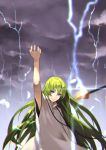  1boy 55level bangs blue_eyes chains clouds cloudy_sky enkidu_(fate/strange_fake) enkidu_(weapon) eyebrows_visible_through_hair fate/strange_fake fate_(series) green_hair hand_up highres lightning long_hair long_sleeves looking_at_viewer male_focus robe sky solo white_robe 