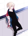  1boy biting biting_clothes blonde_hair con_potata green_eyes jacket leaning male_focus ponytail track_jacket yuri!!!_on_ice yuri_plisetsky 