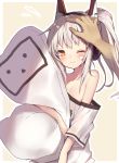  1girl animal_ears ayanami_(kantai_collection) azur_lane bare_shoulders blush closed_mouth collarbone fingernails headphones high_ponytail highres light_brown_hair long_hair looking_at_viewer niconico off-shoulder_shirt one_eye_closed orange_eyes out_of_frame petting pillow pillow_hug ponytail shirt short_sleeves solo_focus terebi-chan usamata white_shirt 