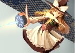  1girl blonde_hair braid clere fang grin hat kirisame_marisa long_hair looking_at_viewer mini-hakkero neckerchief pointing_weapon skirt smile solo spell_card touhou vest witch_hat yellow_eyes 