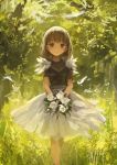  1girl bangs black_shirt bouquet brown_eyes brown_hair commentary_request day eyebrows_visible_through_hair feet_out_of_frame flower grass holding lm7_(op-center) original outdoors shirt short_hair skirt smile solo standing white_skirt 