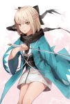  1girl absurdres ahoge black_bow black_cola black_legwear black_ribbon black_scarf blonde_hair blush bow breasts fate/grand_order fate_(series) hair_bow hair_ribbon highres hilt holding holding_sword holding_weapon japanese_clothes katana kimono leaning_forward long_hair looking_at_viewer obi okita_souji_(fate) open_mouth outdoors pink_background ribbon sash scarf shinsengumi short_hair short_kimono simple_background sleeves_past_elbows snow solo standing sword thigh-highs unsheathed weapon wide_sleeves yellow_eyes 