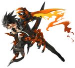  1boy angry belt black_hair black_pants black_shirt claws elsword fighting_stance full_body gloves highres holding holding_sword holding_weapon jewelry male_focus mechanical_arm necklace official_art open_mouth orange_eyes pants raven_(elsword) reckless_fist_(elsword) ress reverse_grip shirt solo spiky_hair sword teeth weapon 
