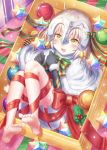  1girl ahoge barefoot bell black_gloves blonde_hair blush bow christmas elbow_gloves fate/grand_order fate_(series) gloves headpiece highres jeanne_d&#039;arc_(fate)_(all) jeanne_d&#039;arc_alter_santa_lily lying on_back open_mouth red_bow red_ribbon revision ribbon seungju_lee small_stellated_dodecahedron smile solo yellow_eyes 
