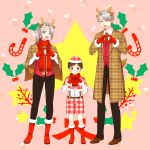  3boys ;d animal_ears antlers black_hair blue_eyes boots brown_eyes candy candy_cane capelet child christmas coat dual_persona food gloves hat heart heart_hands highres hiro_(totoring) holly katsuki_yuuri male_focus multiple_boys necktie one_eye_closed open_mouth plaid ponytail red_gloves reindeer_antlers reindeer_ears santa_hat scarf shorts silver_hair smile star suspenders teenage viktor_nikiforov younger yuri!!!_on_ice 