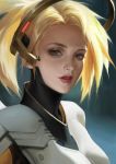  1girl blonde_hair blue_eyes bodysuit breasts close-up commentary eyelashes highres lips lipstick looking_at_viewer makeup mechanical_halo medium_breasts mercy_(overwatch) nose overwatch parted_lips red_lips red_lipstick short_hair solo teeth white_bodysuit y_xun 