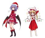  2girls :d =3 alternate_costume amagi_(amagi626) bangs bare_arms barefoot bat_wings black_footwear black_wings blonde_hair blue_hair blush blush_stickers bow bowtie closed_mouth commentary_request dress elbow_gloves eyebrows_visible_through_hair flandre_scarlet full_body gloves hair_between_eyes hat long_hair mob_cap multiple_girls open_mouth pink_hat pom_pom_(clothes) red_bow red_dress red_eyes red_neckwear red_skirt remilia_scarlet santa_costume short_hair side_ponytail simple_background skirt smile sparkle standing touhou white_background wings 