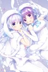  2girls :d alternate_hairstyle amedamacon animal_ears arm_grab arm_up bare_shoulders blue_eyes blue_hair blush breasts capelet closed_mouth dress elbow_gloves eyebrows_visible_through_hair gloves gochuumon_wa_usagi_desu_ka? hair_between_eyes hair_ornament hat kafuu_chino large_breasts long_hair looking_at_viewer looking_back low_twintails lying multiple_girls on_back on_side open_mouth pantyhose pom_pom_(clothes) purple_hair rabbit_ears smile snowflake_hair_ornament tedeza_rize twintails very_long_hair violet_eyes white_dress white_gloves white_hat white_legwear x_hair_ornament 
