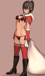  1girl bikini black_hair blush boots breasts brown_eyes capelet christmas cleavage dark_skin gloves high_heels looking_at_viewer navel original pepe_(jonasan) ponytail red_bikini red_gloves red_legwear sack solo swimsuit thigh-highs 