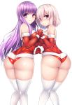  2girls ass bare_shoulders bb_(fate/extra_ccc) beeyan blush breasts elbow_gloves fate/grand_order fate_(series) from_behind gloves hand_holding highres long_hair looking_at_viewer mash_kyrielight medium_breasts multiple_girls pink_eyes pink_hair purple_hair red_gloves short_hair simple_background smile thigh-highs thighs violet_eyes white_background white_legwear 