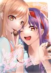  2girls :d asuna_(sao) black_nails black_shirt bracelet brown_eyes brown_hair collarbone hairband hibiya_saeki highres holding jewelry long_hair looking_at_viewer multiple_girls nail_polish purple_hair red_eyes red_hairband shiny shiny_hair shirt smile sword_art_online tongue tongue_out upper_body white_shirt yuuki_(sao) 