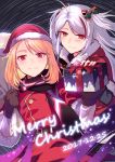  2girls alternate_costume antenna_hair artist_request azur_lane bangs blonde_hair box braid breasts capelet christmas christmas_ornaments closed_mouth commentary_request dated dress english eyebrows_visible_through_hair french_braid gift gift_box hair_ornament hat highres long_hair looking_at_viewer merry_christmas multiple_girls prince_of_wales_(azur_lane) prinz_eugen_(azur_lane) red_dress red_eyes sack santa_costume santa_hat short_hair silver_hair smile swept_bangs 